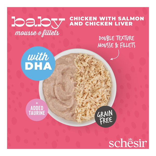 Schesir Baby Mousse multipack karma mokra dla kociąt mus z rozdrobnionym kurczakiem i łososiem 3x55 g
