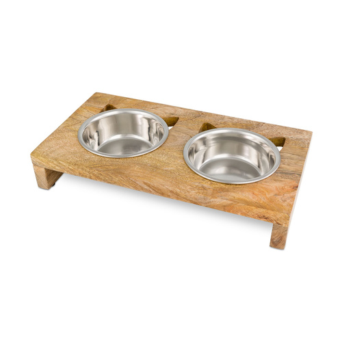 Barry King Zestaw 2 misek, dla kota, ze stali nierdzewnej na drewnianym stojaku, KITTY BOX 2x200ml