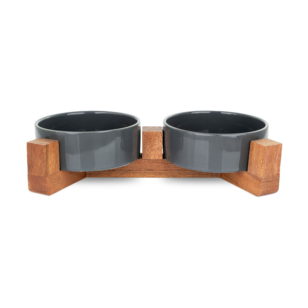 Barry King Zestaw 2 misek, dla kota, na stojaku drewnianym, ciemnoszare, ceramiczne, 12cm
