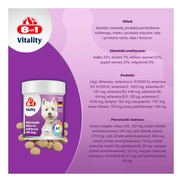 8in1 Vitality Multiwitaminy dla psów małych ras - 70tb