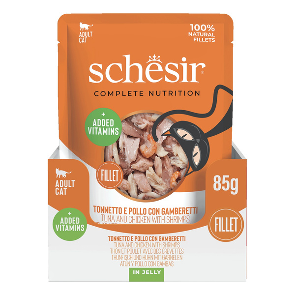 Schesir C&B karma mokra dla kotów tuńczyk z kurczakiem i krewetkami w galarecie 85 g