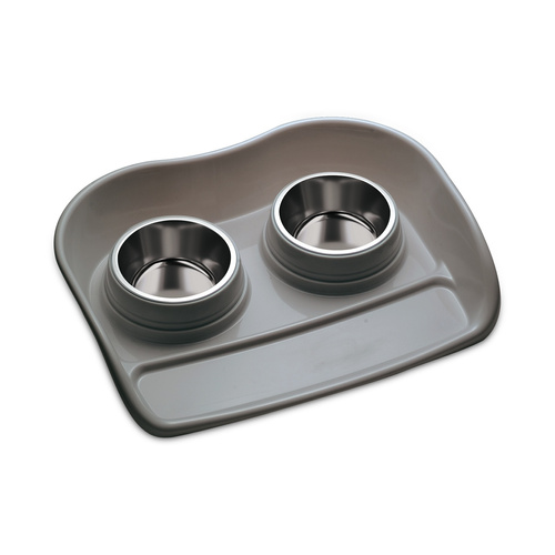 Barry King Zestaw:  2x miska 0,4L ze stali nierdzewnej + podkładka dla psów i kotów, szary, 46x35x9cm