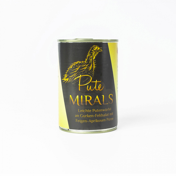MIRALS Putenwürfel - delikatne kawałki indyka na sałatce z ogórka i roszponki z puree z fig i moreli (400g)