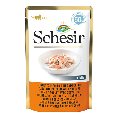 Schesir Karma mokra dla kotów tuńczyk z kurczakiem i krewetkami w galarecie 50 g
