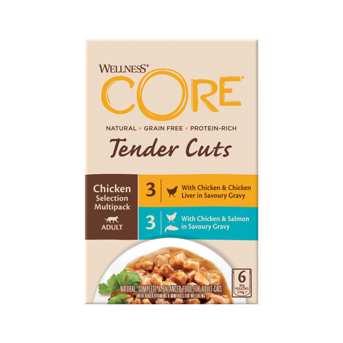Wellness Core Tender Cuts Chicken Selection Multipack zestaw saszetek dla kotów dorosłych kurczak, 3x2 smaki 6x85g