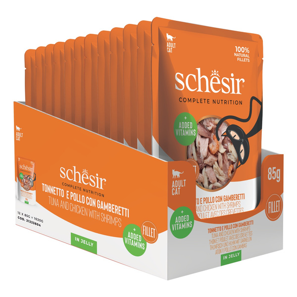 Schesir C&B karma mokra dla kotów tuńczyk z kurczakiem i krewetkami w galarecie 85 g