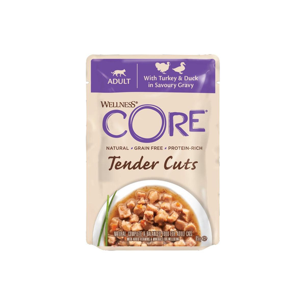 Wellness Core Tender Cuts, karma mokra dla dorosłych kotów z indykiem i kaczką w sosie, 85g