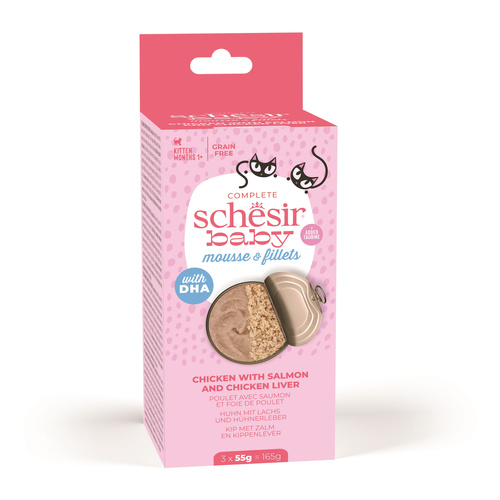 Schesir Baby Mousse multipack karma mokra dla kociąt mus z rozdrobnionym kurczakiem i łososiem 3x55 g