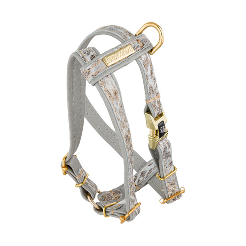 Barry King Szelki dla psa, Wild Snow Leopard, szare, skórzane mosiądz, M 16mm/ob. szyi 30-50cm ob. klatki 40-70cm