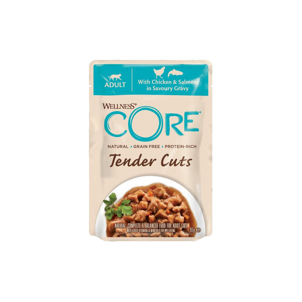 Wellness Core Tender Cuts, karma mokra dla dorosłych kotów, kurczak i łosoś w sosie 85g