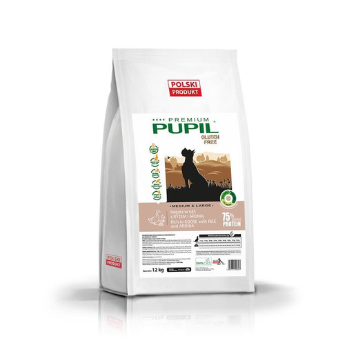 Karma sucha dla psa PUPIL Premium Gluten Free M&L bogata w gęś z ryżem i aronią 12 kg