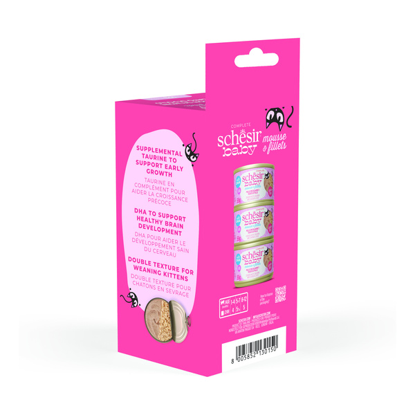 Schesir Baby Mousse multipack karma mokra dla kociąt mus z rozdrobnionym kurczakiem i łososiem 3x55 g