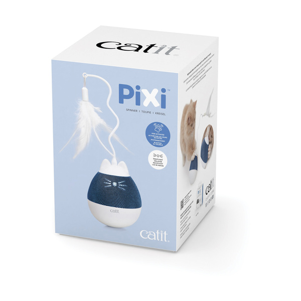 CatIt Pixi Spinner, zabawka karmiąca z piórkiem, dla kota, biało/niebieska, 8.5 x 24 cm