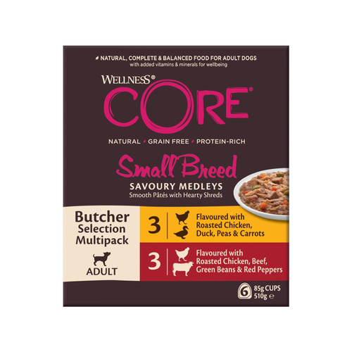 Wellness  Core Small Breed Savoury Medleys Butcher Multipack, karma mokra dla dorosłych psów małych ras 3x2 smaki 6x85g
