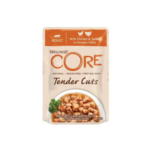 Wellness Core Tender Cuts karma mokra dla dorosłych kotów z kurczakiem i indykiem w sosie 85g
