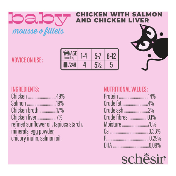 Schesir Baby Mousse multipack karma mokra dla kociąt mus z rozdrobnionym kurczakiem i łososiem 3x55 g