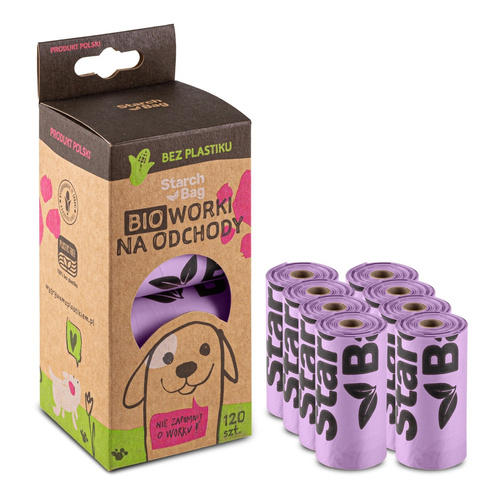 STARCHBAG Kompostowalne BIOworki na odchody 8 rolek x 15szt, kol. liliowy