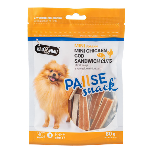 Pausesnack przysmak dla psa, mini kanapki z kurczakiem i dorszem 80g