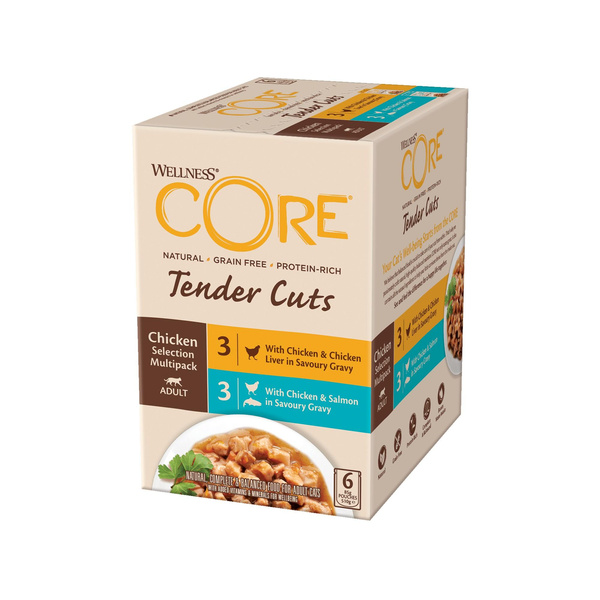 Wellness Core Tender Cuts Chicken Selection Multipack zestaw saszetek dla kotów dorosłych kurczak, 3x2 smaki 6x85g