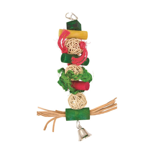 Panama Pet wisząca zabawka z kolorowymi kulkami wiklinowymi, drewnianymi klockami, skórzanymi paskami i dzwonkiem 28 cm