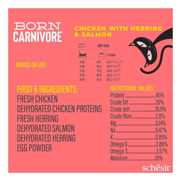 Schesir Born Carnivore karma sucha dla kotów kurczak i śledź 255 g