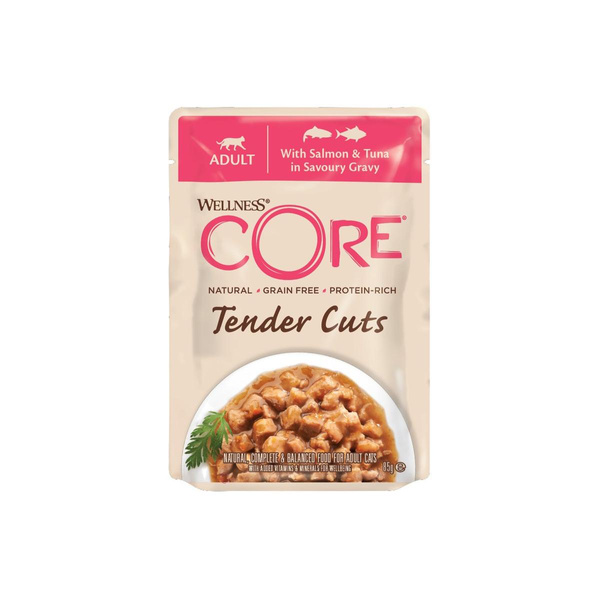 Wellness Core Tender Cuts karma mokra dla dorosłych kotów z łososiem i tuńczykiem w sosie 85g