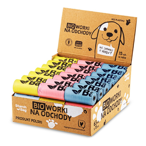 STARCHBAG Kompostowalne BIOworki na odchody 63 rolki x 15 szt., mix 21x 3 róż, ziel, nieb
