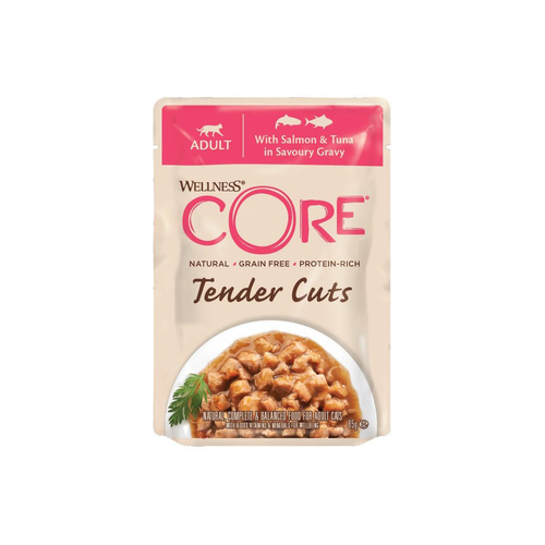 Wellness Core Tender Cuts karma mokra dla dorosłych kotów z łososiem i tuńczykiem w sosie 85g