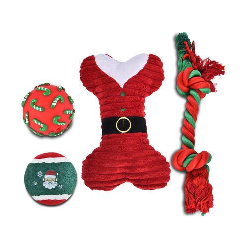 Barry King Zestaw zabawek dla psa: piłka winylowa 6,7cm, piłka tenisowa 6,3cm,  kość pluszowa 21cm, sznur 32cm, czerwony, 4szt/op.