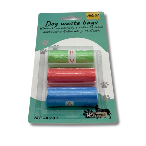 Mr. Pretzel Kolorowe torebki na odchody dla psa - 3 rolki po 15 sztuk