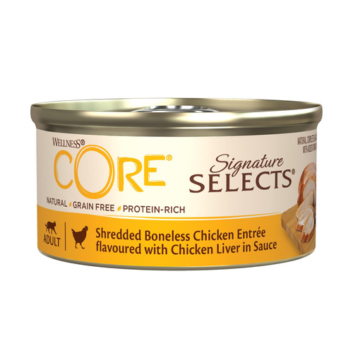Wellness Core Signature Selects Signature Selects Shredded Chicken karma mokra dla dorosłych kotów, kurczak z wątróbką w sosie 79g