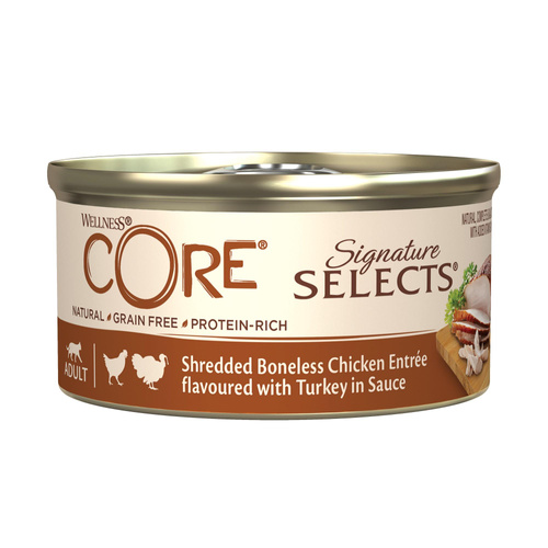 Wellness  Core Signature Selects Signature Selects Shredded Chicken, karma mokra dla dorosłych kotów, kurczak z indykiem w sosie 79g