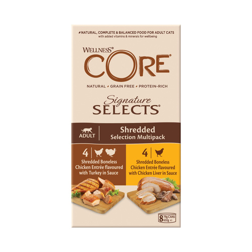 Wellness Core Signature Selects Shredded Multipack zestaw puszek dla kotów dorosłych 4x2 smaki 8x79g