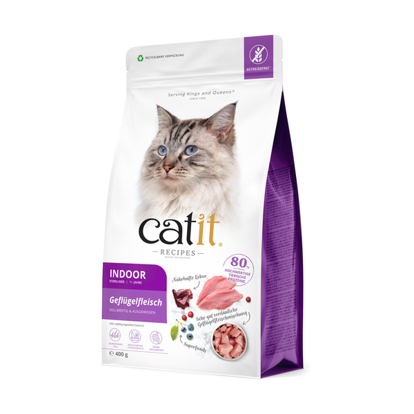 CatIt Recipies Indoor Adult, karma sucha, dla dorosłych kotów niewychodzących, drób, 400g