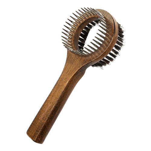 Ekskluzywne zgrzebło typu ring dwustronne ze szczotką,  dla zwierząt, drewno bukowe, stal, włosie sztuczne, wym.8,1x20,6cm