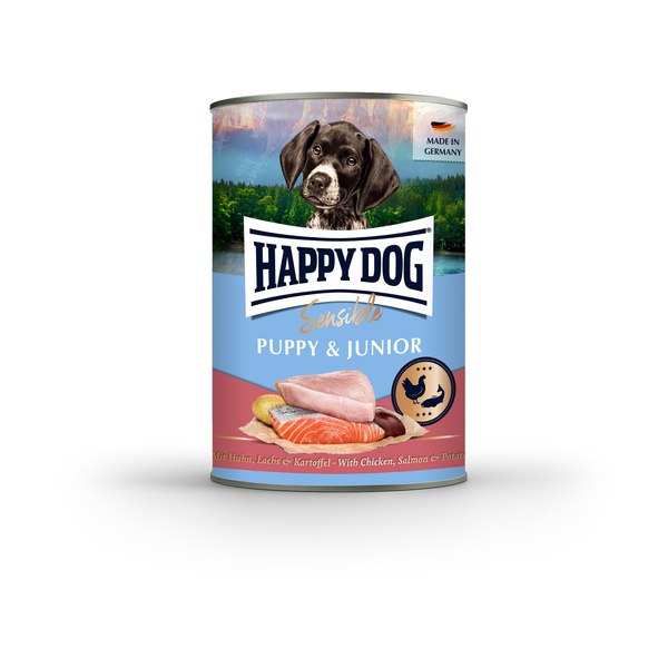 Happy Dog Sensible Puppy&Junior, karma mokra, dla psa, kurczak, łosoś i ziemniak, 400g, puszka