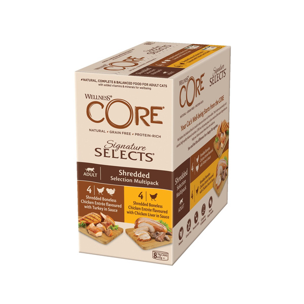 Wellness Core Signature Selects Shredded Multipack zestaw puszek dla kotów dorosłych 4x2 smaki 8x79g