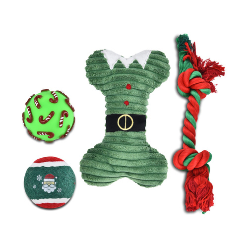 Barry King Zestaw zabawek dla psa: piłka winylowa 6,7cm, piłka tenisowa 6,3cm,  kość pluszowa 21cm, sznur 32cm, zielony, 4szt/op.