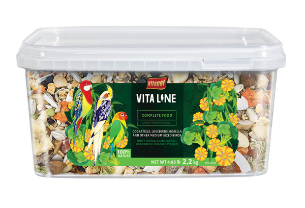 Vitapol Vitaline Karma pełnoporcjowa dla nimfy, nierozłączki, rozelli oraz innych średnich papug, wiadro 2,2 kg
