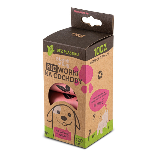 STARCHBAG Kompostowalne BIOworki na odchody 8 rolek x 15szt, kol. róż