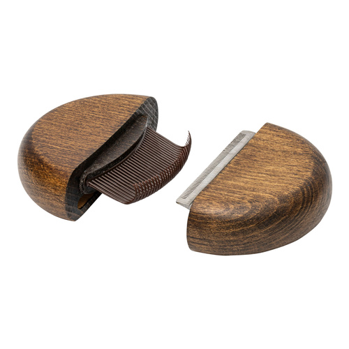 Ekskluzywny grzebień 2 w 1, okrągły z z grzebieniem przeciwpchelnym, drewno bukowe, stal, plastik PP, średnica 9,2cm