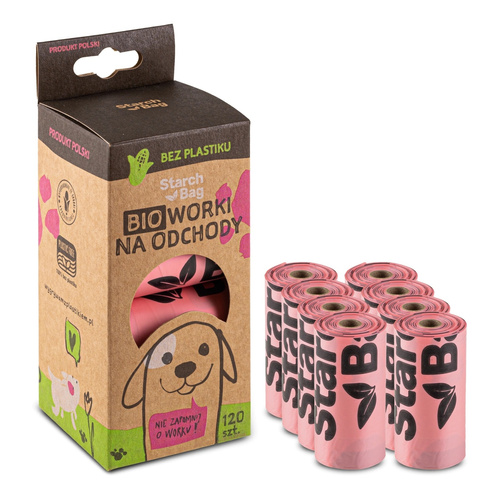 STARCHBAG Kompostowalne BIOworki na odchody 8 rolek x 15szt, kol. róż