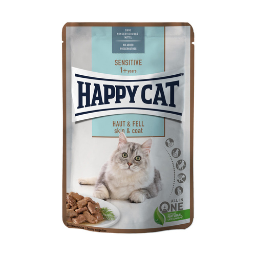 Happy Cat Sensitive Meat in Sauce Skin & Coat, mokra karma, dla kotów dorosłych, dla zdrowej skóry i sierści, kurczak i łosoś, 85 g, saszetka