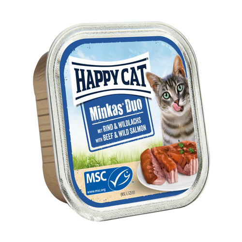 Happy Cat Minkas duo, deserówka pasztet, dla kota, wołowina i łosoś, 100g