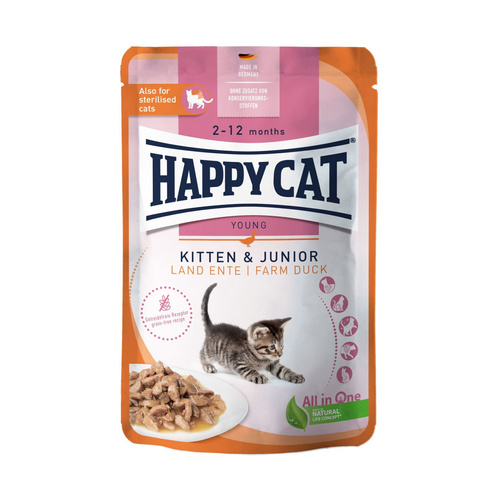 Happy Cat Kitten & Junior Farm Duck, mokra karma, dla kociąt w wieku 2-12 mies., kaczka, 85 g, saszetka