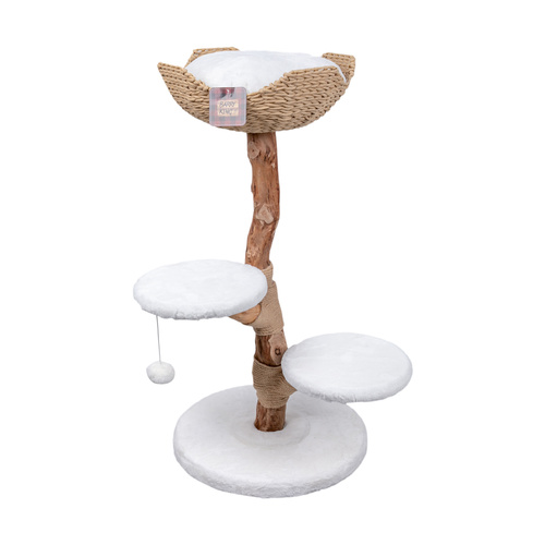 Barry King Drapak dla kota, beżowo- biały,100cm, na drewnianej nodze, z koszem i dwoma siedziskami