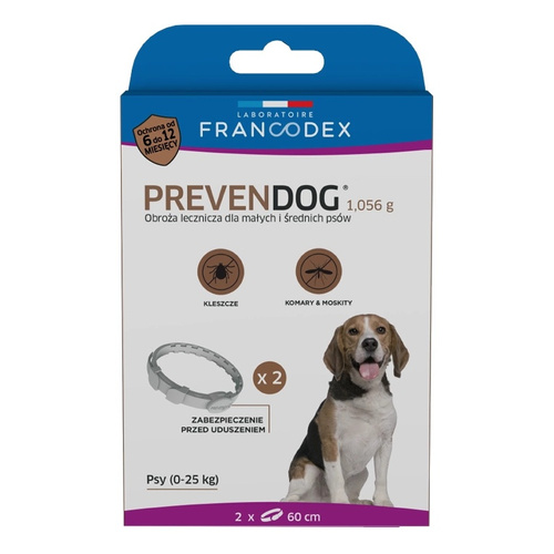 FRANCODEX PL Obroża na kleszcze PREVENDOG 60 cm dla psów do 25 kg - 2 szt