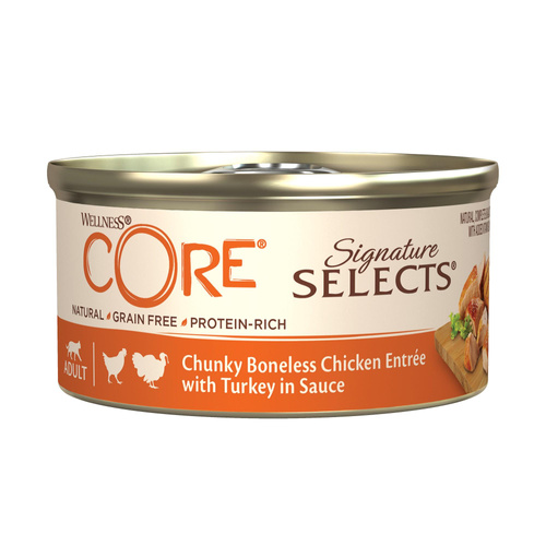 Wellness Core Signature Selects Chunky Chicken karma mokra, dla dorosłych kotów mięsne kawałki z kurczakiem i indykiem 79g,
