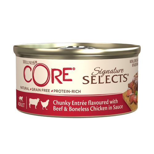 Wellness Core Signature Selects Chunky Entree, karma mokra dla dorosłych kotów mięsne kawałki z wołowiną i kurczakiem 79g