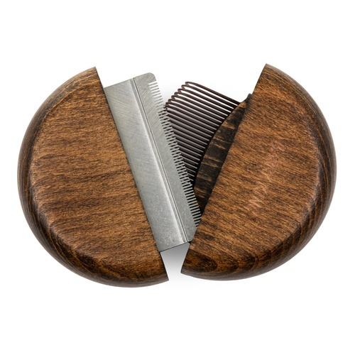 Ekskluzywny grzebień 2 w 1, do wyczesywania pcheł ze zgrzebłem, okrągły, drewno bukowe, stal, plastik PP, średnica 9,1cm